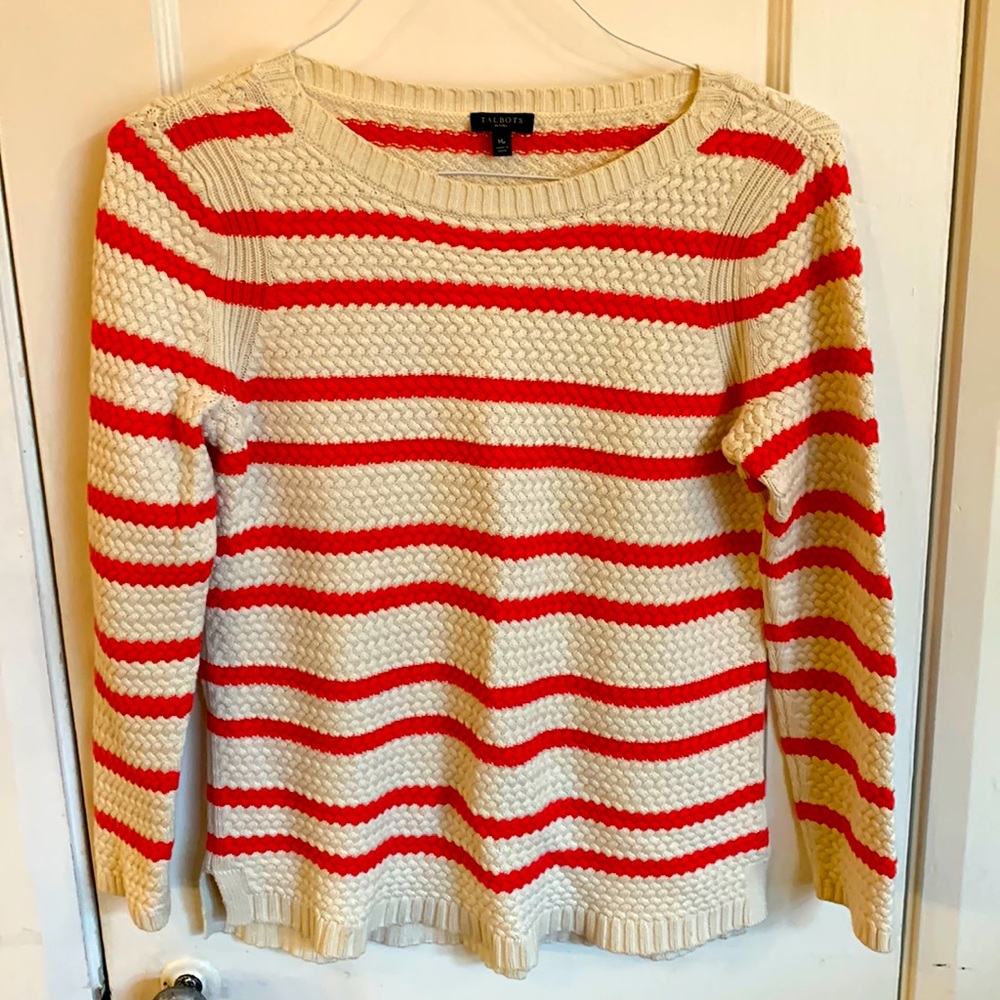 Talbot’s Medium Petite Coral and Beige Stripe 100% Cotton Sweater